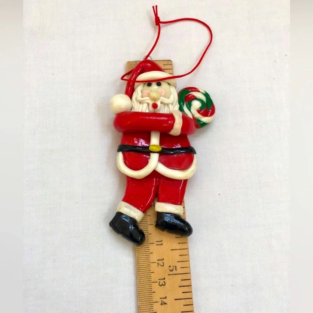 Santa Ornament Christmas Clay Vintage Hanging Red White Green Black Lolli Pop